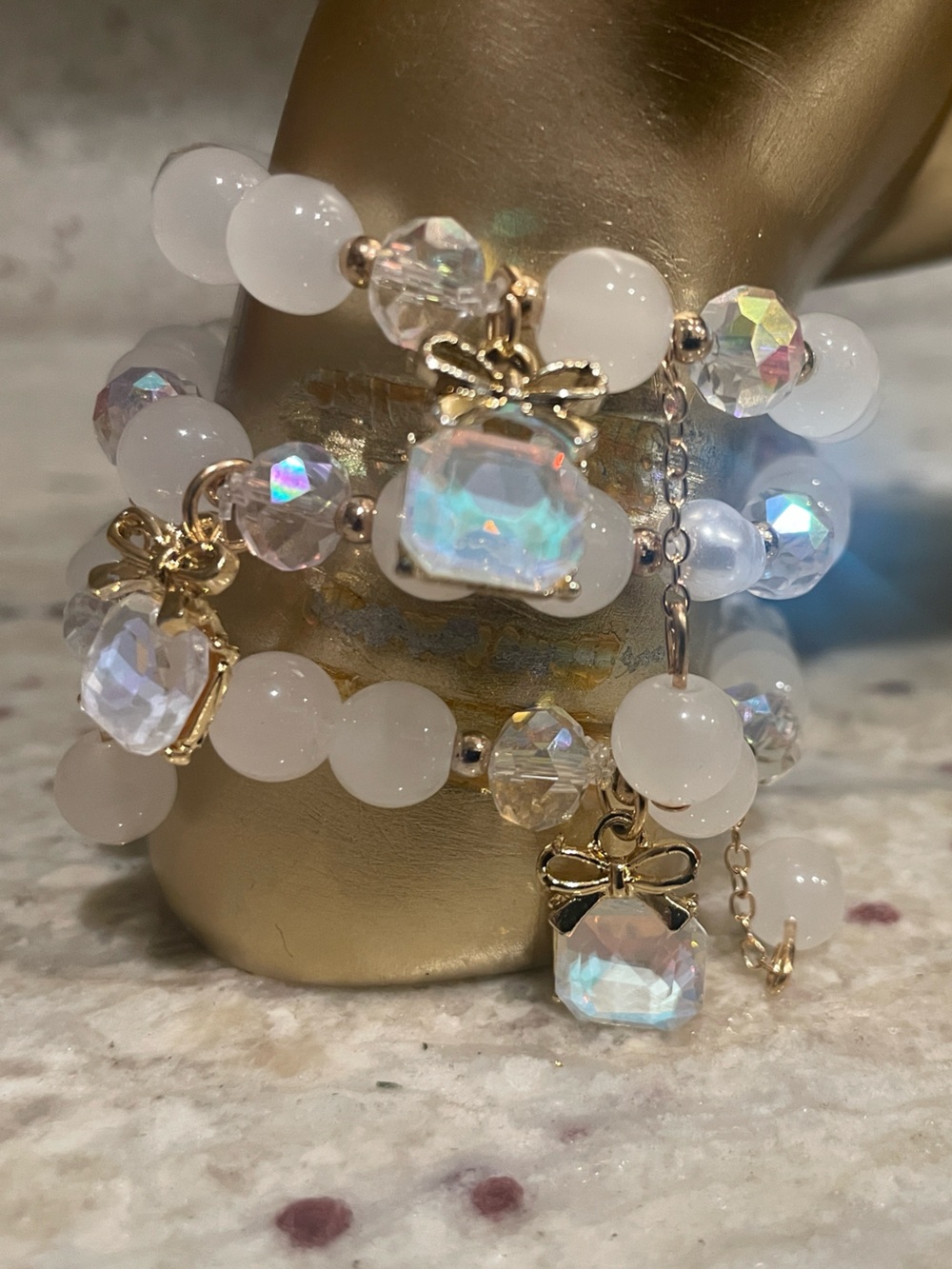 White Beaded Crystal Stretch Bracelet with Gold & Crystal Gift Box charms